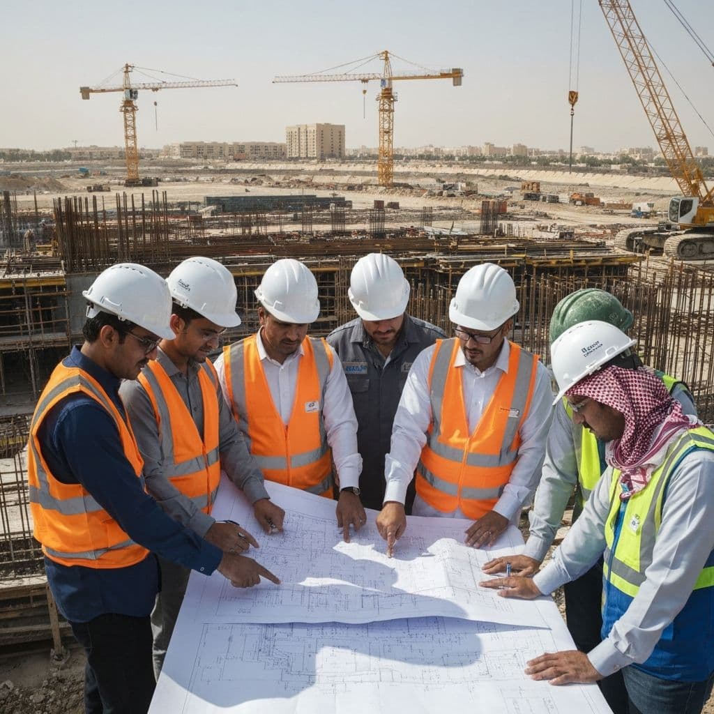 Investment Floors engineers reviewing blueprints on site