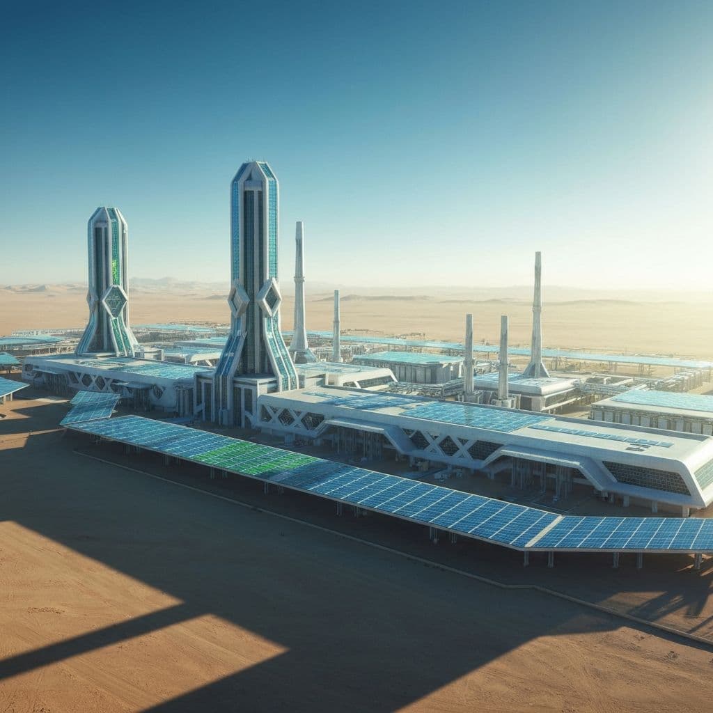 Industrial complex with solar arrays in the desert at NEOM