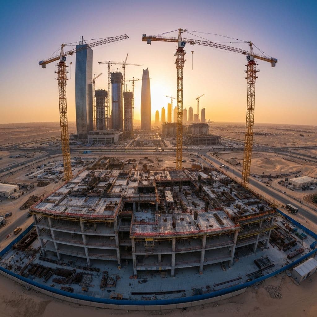 Aerial view of a large-scale construction site on the edge of Riyadh at sunrise